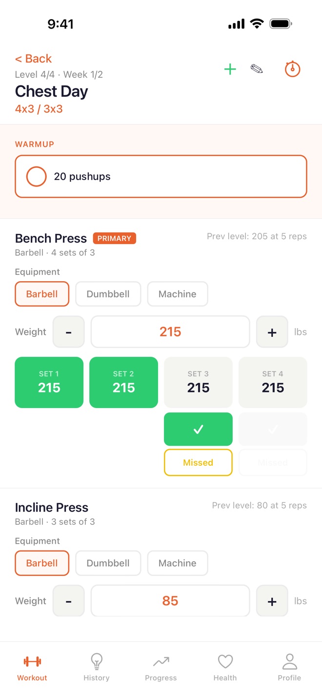 PR POWER workout session screen